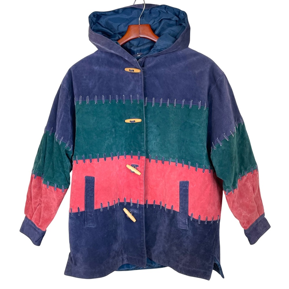 Vtg Deerskin Womens Jacket Sz M Hooded Parka Suede Maximalist Colorful Statement